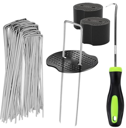 XIATIAN 50 Erdanker + 50 Unterlegscheiben mit Entfernungs-Haken, U-Förmige Erdnägel, Anti Rost Verzinkte Bodenanker für Unkrautfolie Kunstrasen Außenzelt