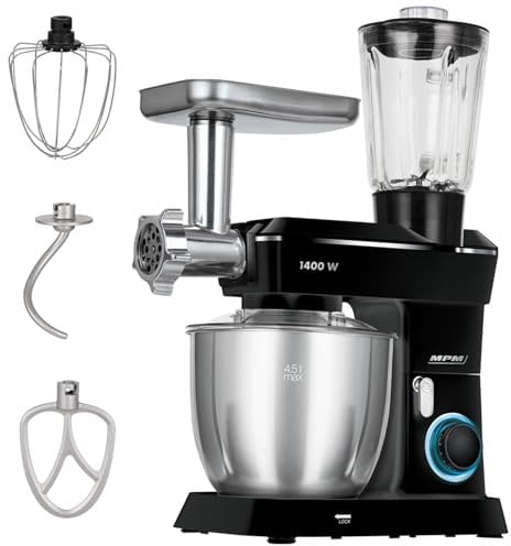 MPM Planetarische Küchenmaschine MRK-24 - Multifunktional Mixer Küche 4,5l - Küchengeräte Vielseitig Einsetzbar 1400W - Zwei Schüsseln - Inklusive Fleischwolf und Mixer
