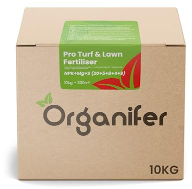 Engrais Pro Turf & Lawn - Spécialement Pour Les Grandes Pelouses - Terrains De Sport Et Terrains De Golf - Libération Progressive - Npk+Mg+S (20+5+8 +4 +9) - Organifer (10 kg)