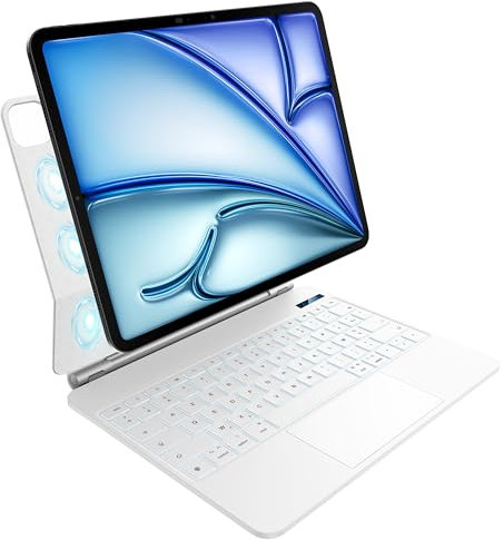 Clavier pour iPad Air 13 Pouces (M3 2025 / M2 2024) et iPad Pro 12,9 (6e, 5e, 4e, 3e génération), Rétroéclairage 7 Couleurs, Pavé Tactile Multi-Touch, Conception Magnétique Flottante, AZERTY, Blanc