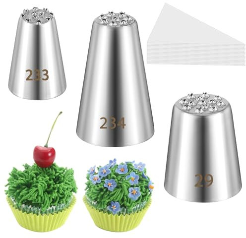Lot de 3 douilles à douille en herbe avec poche à douille professionnelle (233, 234 et 23 m), embouts de décoration pour glaçage, ouverture multiple pour décorer gâteaux et cupcakes