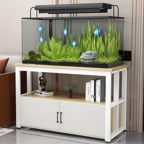 FORRTY Aquarium Mit Unterschrank, Fish Tank Rack Aquarienständer 2-stöckig, 40–120 Cm Lang, Platzsparend, Hohe Tragkraft, Mit Türen Und Ablagen, Ideal Für Wohnzimmer Und Restaurants(White+wood,60X35X7