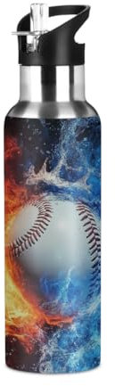 Mexpekil Baseball Flying Isolierte Wasserflasche mit Strohhalm-Deckel, 600 ml, Edelstahl, Thermosflasche, Vakuumflasche, auslaufsicher, für Reisen, Sport, Wasserflaschen für Laufen, Radfahren, Wandern