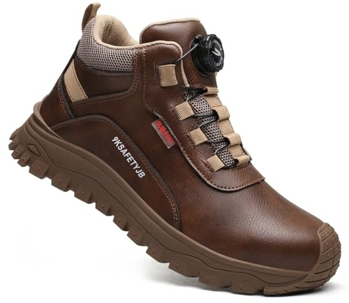 COOU Botas de trabajo impermeables con puntera de acero, ligeras, cómodas, de cuero, con cordones de hebilla giratoria, Brown, 44 EU