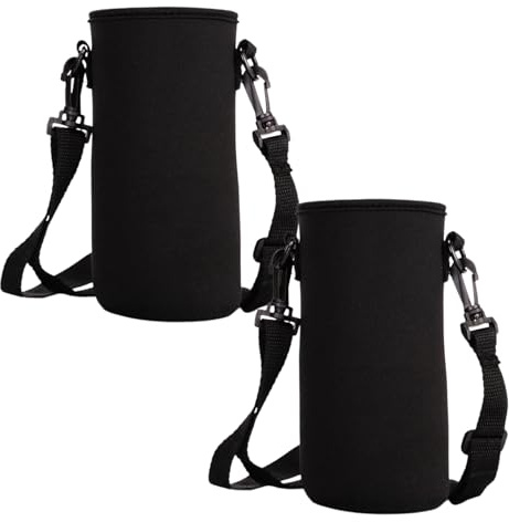 Ziyonix 2 PCS Wasserflaschenhüllen, 8 × 18 CM 750ML Flaschenhalter Tasche mit Verstellbar Schultergurt Thermohalter Tasche Verbrühungssichere Hülle für Wandern Laufen Spazieren Trekking (Schwarz)