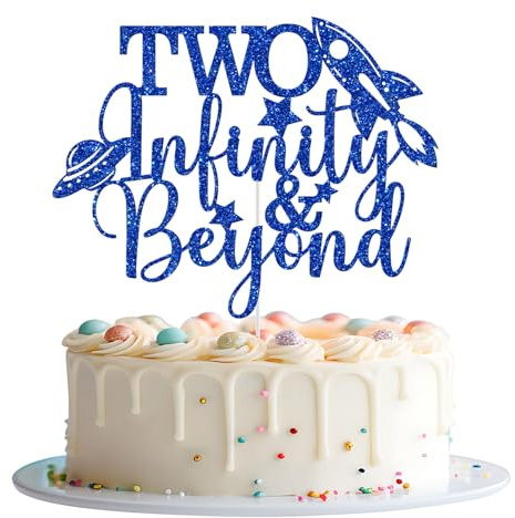 Tortenaufsatz mit Aufschrift Two Infinity and Beyond, Happy 2nd Birthday, Weltraum-inspirierte Geschichte, Party-Dekorationen, blauer Glitzer