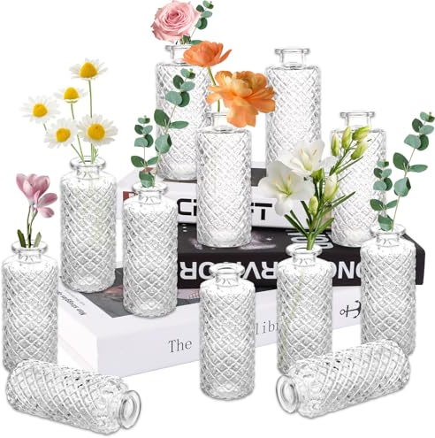 AKOLAFE 12 Stück Kleine Vasen für Tischdeko Kleine Glasvasen Höhe von 13 cm Vase Klein Set Vintage Mini Vasen Glas für Home Decor, Hochzeit Mittelstücke, Tischdekoration, Blumenarrangements