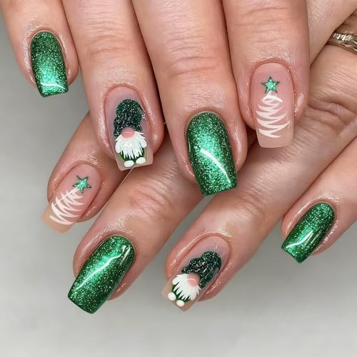 24Pcs Künstliche Fingernägel für Weihnachten - Grün Glitzer Quadratisch Party Künstliche Fingernägel, Weihnachtsbaum Press on Nails Aufdrückbare Nägel zum Aufkleben Acryl Full Cover (Grün Glitzer)