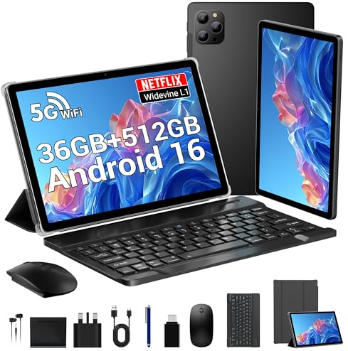 GAMORZE Android 16 Tablet 11 Inch 36GB RAM+512GB ROM/2TB TF, Octa-Core/Gemini AI 2.0/Widevine L1/8MP AI Camera/1080P/5G/2.4G WiFi/Bluetooth 5.0/GPS/OTG/Tablet with Keyboard Mouse Pen (Black)