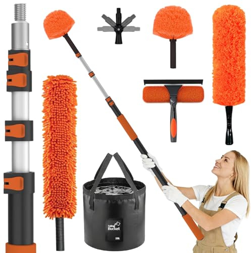 LAANPOLE 9m Feather Duster Kit with Telescopic Pole, Extendable Microfiber Duster for High Ceiling, Long Handled Duster Kit with Cobweb Brush & Telescopic Window Cleaner & Bucket