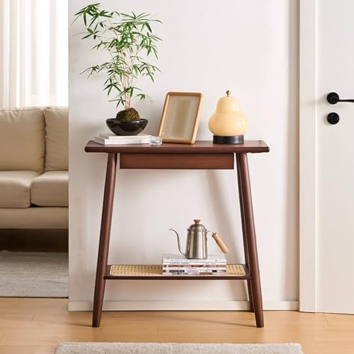 WANGRUIERHA Console D'entrée Marron avec Tiroirs, Petite Console en Rotin Tressé, Rangement à Double Niveau, Idéale pour Les Bureaux, Les Salons, Les Chambres