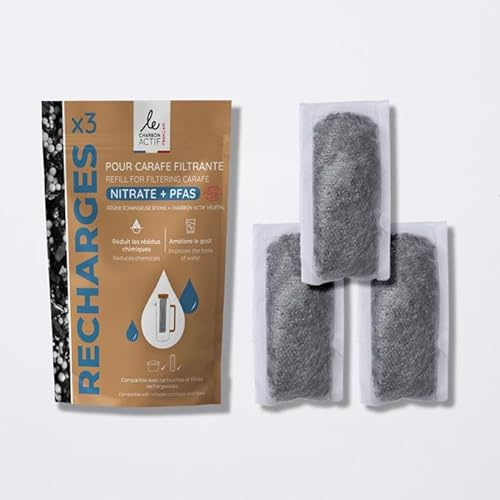 Le charbon actif français X3 Recharge Carafe Filtrante – Réduit jusqu’à 90% des PFAS & 85% des nitrates – Made in France - 3x75g Compatible avec Cartouches Rechargeables