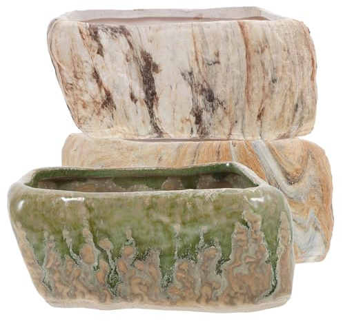 GALPADA Vasi per Piante in Ceramica Rettangolari a Forma di Pietra 3 Pezzi | Apertura di Drenaggio, per Piante Grasse e Erbe, Adatti a Ufficio e Acquario