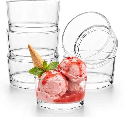 LONTOM 6 Pack Dessert Glasses, 200ml Ice Cream Bowls Glass Dessert Bowls, Round Clear Small Glass Ramekins Serving Bowl for Sundae, Ice Cream, Snacks, Fruits, Dips Microwave Dishwasher Safe