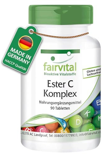 Fairvital | Complexe Ester C - 3 mois de cure - VEGAN - vitamine C avec des bioflavonoïdes - 90 comprimés - facile à digérer