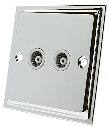 Slimline Polished Chrome 2 Gang TV Socket White Insert - 2 Gang Aerial Coaxial Female Socket