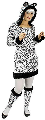 Körner Festartikel Zebra Tierkostüm für Damen | Kleid mit Stulpen - Schwarz Weiß Tierkostüm Kleid Kapuze Dschungel Afrika Karneval Fasching Mottoparty Theater Steppenpferd Gr. 36 38