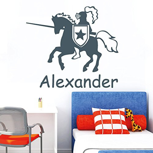 Wandtattoo Loft „Ritter mit Schild, Helm und Lanze auf Pferd mit Wunschnamen“ / Wandtattoo/Wandaufkleber / 54 Farben / 3 Größen/schwefelgelb / 36 cm hoch x 50 cm breit