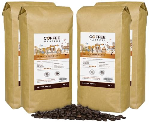 Coffee Masters Super Crema Espresso Coffee Beans 4x1kg - Intensely Strong Dark Roasted Blend of Arabica and Robusta Whole Bean - Ideal for Barista Machines