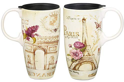 Cedar Home Travel Coffee Ceramic Mug Porcelain Latte Tea Cup with Lid in Gift Box 17oz, France Eiffel Tower, 2 Pack