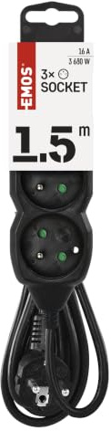 EMOS - 3-Fach Steckdosenleiste 1,5m - 3 French-Steckdosen 45° gedreht - 250 V, 16 A, 3680 W - hochwertige PVC-Isolierung - H05VV-F3G 1,0 mm2 - erhöhter Berührungsschutz - IP20 für Innen - schwarz