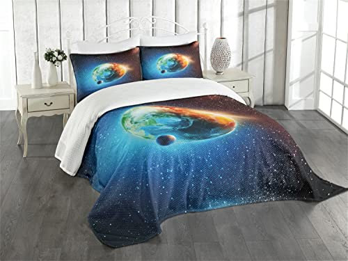 ABAKUHAUS Erde Tagesdecke Set, Galaxy-Raum spielt Astral, Set mit Kissenbezügen Weicher Stoff, für Doppelbetten 220 x 220 cm, Orange blau schwarz