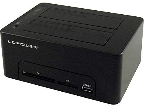 LC-POWER LC-DOCK-U3-CR | USB 3.2 Dual Bay SATA Docking Station | HDD/SSD Klonfunktion | USB Hub & CF/SD Kartenleser | bis 5 Gb/s | 2,5 & 3,5 SATA Laufwerke