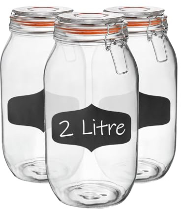 Argon Tableware Glass Jars with Airtight Metal Clip Lid & Chalkboard Stickers - 2000ml/70.3oz - 6 Pack - 4 Colour Seals - Preserving Storage Jar for Pickling, Chutney, Jam, Coffee, Biscuit