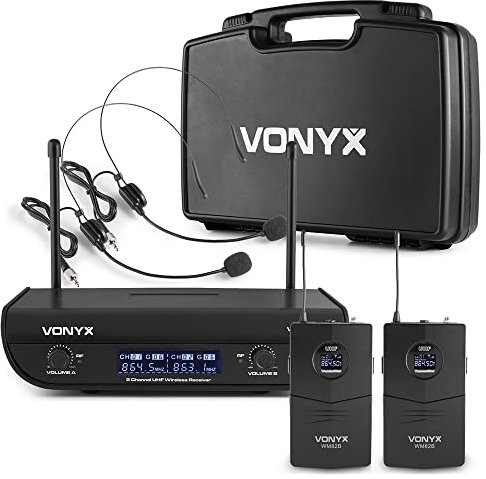 VONYX WM82B 2-Channel Wireless Headset Microphone System with UHF, USB, and Dual Mic Packs for Presenters and Fitness Instructors