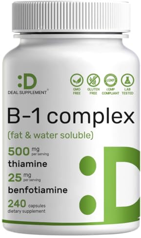 DEAL SUPPLEMENT Vitamin B1 500mg with Benfotiamine, 240 Capsules – 2 in 1 Enhanced Formula – Fat & Water Soluble Thiamine B1 Supplement – Third Party Tested, Non-GMO, No Gluten