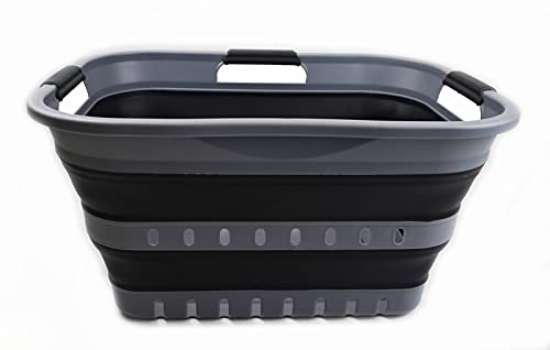 SAMMART 30L Collapsible 3 Handled Plastic Wäschekorb - Faltbarer Pop-Up-Vorratsbehälter/Organizer - Tragbare Waschwanne - Platzsparender Korb/Korb (Grau/schwarz)