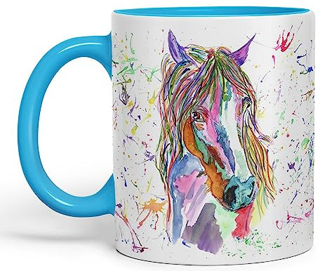 Tasse colorée à l’aquarelle avec motif de cheval et d’arc-en-ciel - idéale comme cadeau d'anniversaire, de travail, de bureau, de Noël, - tasse à thé ou café (L, bleu)