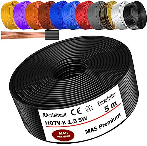 Von 5 bis 100m Aderleitung H07 V-K 1x1,5 mm² Schwarz, Hellblau, Grün/Gelb, Grün, Rot, Dunkelblau, Braun, Orange, Grau, Weiß, Violett, Ultramarinblau oder Gelb Einzelader flexibel (Schwarz, 5m)