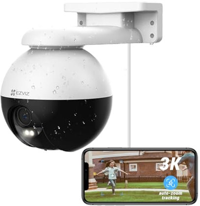 EZVIZ Outdoor Auto-Tracking Camera, 3K, 12 Pre-Set dots Tracking,360° Visual Coverage, Waterproof, Color Night Vision, AI-Powered Person and Vehicle Detection,Two-Way Talk| C8W Pro 3K (4mm)