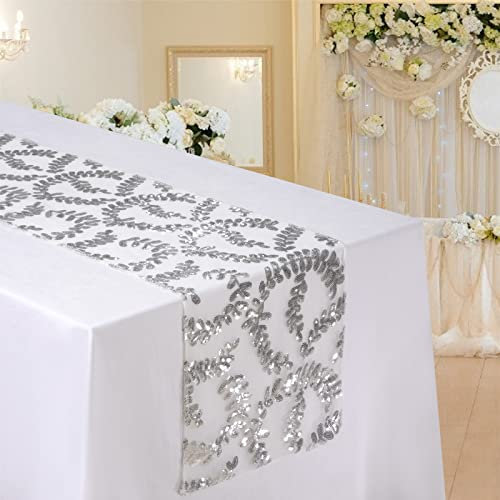 MengH-SHOP Tischläufer Pailletten Silber Blätter Muster Tischdecken Tischfahne Dekoration für Party Hochzeit Geburtstag Baby Duschen 30 * 280cm