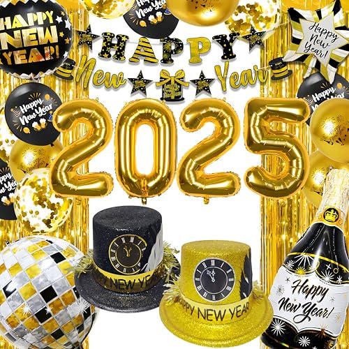 Schwarz Gold Silvester Deko Set XXL 2026,XXL “FROHES NEUES JAHR” Huts, Happy New Year Banner,Neujahr Foil 2026 Ballons, Neujahrsdeko