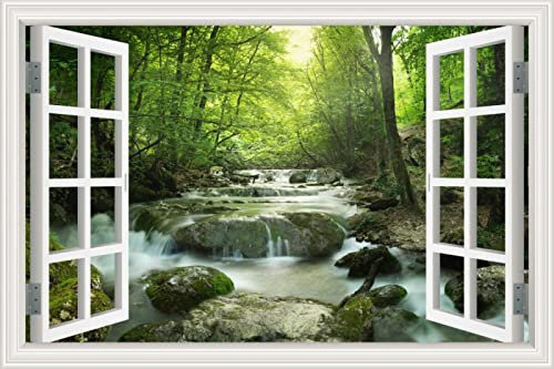 MUMUWUSG Vinyle Vert Arbres Ruisseau Paysage Stickers Mural 3D - Autocollant Mural - Stickers Muraux Cuisine - Décoration Murale Trompe L'Œil Salon - 3D Autocollants Muraux 60X40Cm