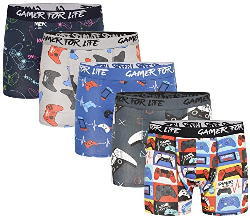 GAMER Kids Boxer Trunks -5 Pack For Life Jacquard Waistband - Gaming Controller Design Underwear - 95% Cotton, 5% Elastane - Ages 5-6, 7-8, 9-10, 11-12, 13 Years For Life