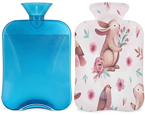 Borsa dell'acqua calda per conigli con soffice copertura, borsa per acqua calda da 2 l, con fiori di coniglio, per notti accoglienti, sollievo dal dolore, schiena, collo e spalle