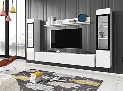 MINIO go for it - Ensemble D'éléments Muraux 4 Pièces Veve 2 I Suspendu Ou Debout I 2X Armoire Haute Vitrine I Lowboard I Panneau Mural I sans Éclairage I Blanc/Blanc Brillant