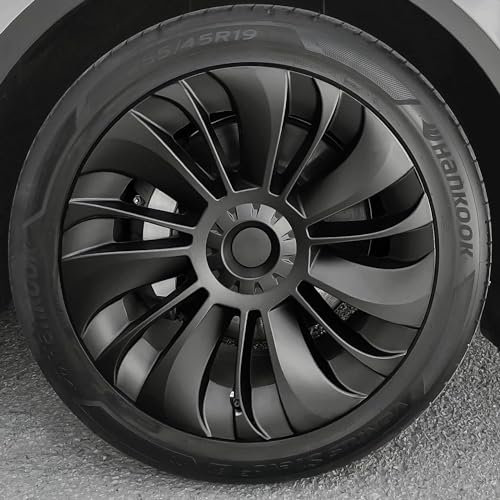 KAVANIC passend für Tesla Model Y Radabdeckung, Radkappe 19 Zoll, Mattschwarz, unterstützt Logo-Symmetrie-Design (4 Stück), Cyclone-Stil, 2020–2023 Modell Y Gemini Radabdeckung Ersatz