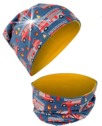 HECKBO 360° Reflektor Kinder Beanie Mütze & Loop Schal Set - Feuerwehr Auto - 2-8 Jahre - 95% Baumwolle - weiches & pflegeleichtes Stretch-Material - Jungen Jungs Beanie