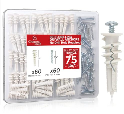 CrimsonMark 120Pcs #8 Self Drilling Drywall Anchors and Screws kit #8 x 1-1/4”- Superb Wall Anchors for Drywall, Holds Upto 75lbs – No Drill Hole Required with These Dry wall Screws and Anchors