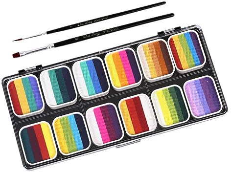 FRCOLOR Kit Maquillage Visage Couleurs Arc-en-ciel Activé Par Eau Peinture Pour Peau Non Nocive Mate Et Nacrée Avec Pinceaux Pour Halloween Cosplay Et Fêtes Boîte De Rangement Séparée Et p