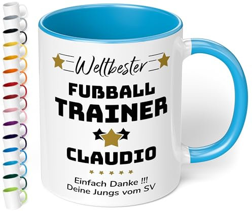 True Statements Geschenk für Trainer: Keramik-Tasse „Weltbester Trainer“ personalisiert mit Sportart, Namen und Wunschtext – Kaffeebecher 330ml. - Fußball Handball (Hellblau)
