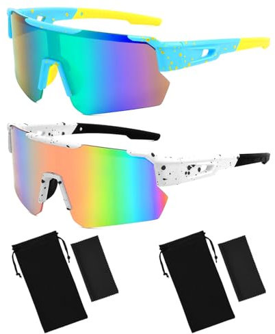 Carreuty 2 Pcs Cycling Glasses, UV400 Protection Polarized Sports Sunglasses for Men & Women, Windproof with 2 Pcs Glasses Bag & Cloth for Running, Cycling, Fishing, Golf