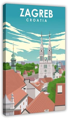 Generisch Zagreb Reiseposter auf Leinwand, Motiv: Kroatien, Schlafzimmer-Dekor, Sportlandschaft, Büro, Raumdekoration, Geschenkrahmen, 40 x 60 cm