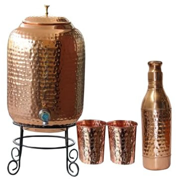 BRACOP® Water Jug Pure Copper Pitcher Drinking Water Jug Water Carafe Jug With Lid Copper Ayurveda Serving Jug 1.7 Litre Pure Copper Mug Indian Water Cup Water Drinking Bottle decanter jug