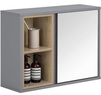 SoBuy Hängeschrank mit 1 Spiegeltür und 2 Fächern Spiegelschrank Spiegel Aufbewahrungsschrank für Bad Badezimmerschrank mit offenen Fächern Badschrank Dunkelgrau BHT ca. 60x45x20cm BZR149-DG