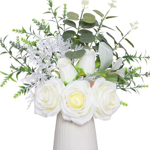 Tifuly Artificial Fake Flowers,White Roses Artificial Flowers Silk Flowers Bouquet for Table Centrepiece Home Office Wedding Decoration
